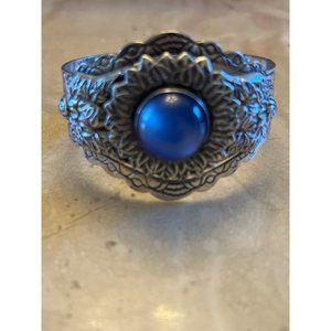 Vintage Victorian Revival Silver Plated Sapphire Glass Cuff Bracelet Bangle